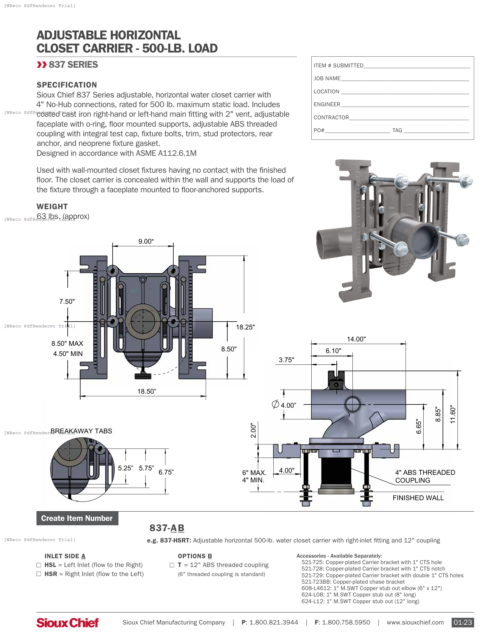 837-HS SERIES - CLOSET CARRIER - SPEC SHEET.PDF Specification Document